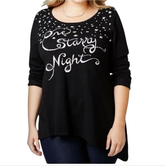 Womens Black Sweater Starry Night Embellished Script Snowflake Asymmetric Tunic - Picture 2 of 9